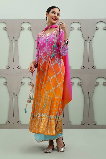 Shop Lila Multi Color Crepe Pearls, Zari Bidri Foliage Pattern Ombre Anarkali Pant Set Online at Aza Fashions Shop_Lila_Multi Color Crepe Pearls, Zari Bidri Foliage Pattern Ombre Anarkali Pant Set_Online_at_Aza_Fashions