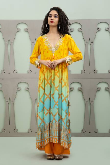 Lila_Multi Color Crepe Pearls, Zari, Bidri Ombre Foliage Pattern Anarkali Pant Set_Online_at_Aza_Fashions