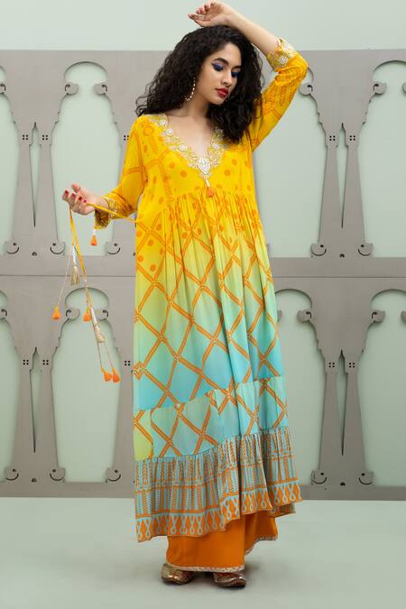 Buy_Lila_Multi Color Crepe Pearls, Zari, Bidri Ombre Foliage Pattern Anarkali Pant Set_Online_at_Aza_Fashions