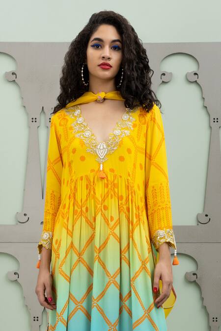 Shop_Lila_Multi Color Crepe Pearls, Zari, Bidri Ombre Foliage Pattern Anarkali Pant Set_Online_at_Aza_Fashions