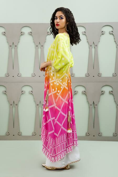 Lila_Multi Color Crepe Pearls V-neck Bidri Floral Pattern Asymmetric Kurta Pant Set_Online_at_Aza_Fashions