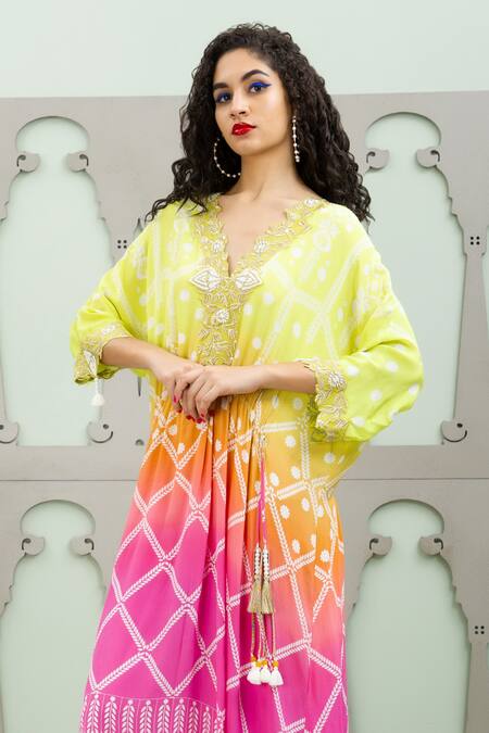 Buy_Lila_Multi Color Crepe Pearls V-neck Bidri Floral Pattern Asymmetric Kurta Pant Set_Online_at_Aza_Fashions