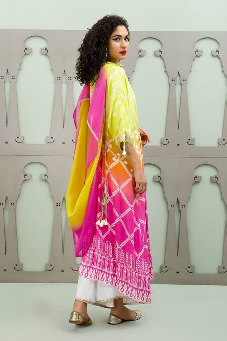 Lila_Multi Color Crepe Pearls V-neck Bidri Floral Pattern Asymmetric Kurta Pant Set_at_Aza_Fashions