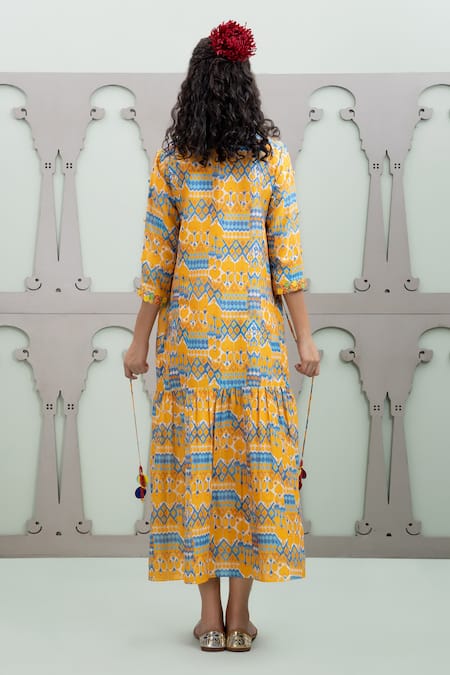 Shop_Lila_Yellow Cotton, Silk Sequins V-neck Gulaab Ikat Pattern Dress _at_Aza_Fashions