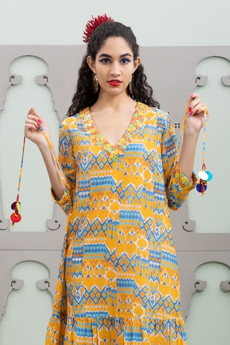 Lila_Yellow Cotton, Silk Sequins V-neck Gulaab Ikat Pattern Dress _Online_at_Aza_Fashions