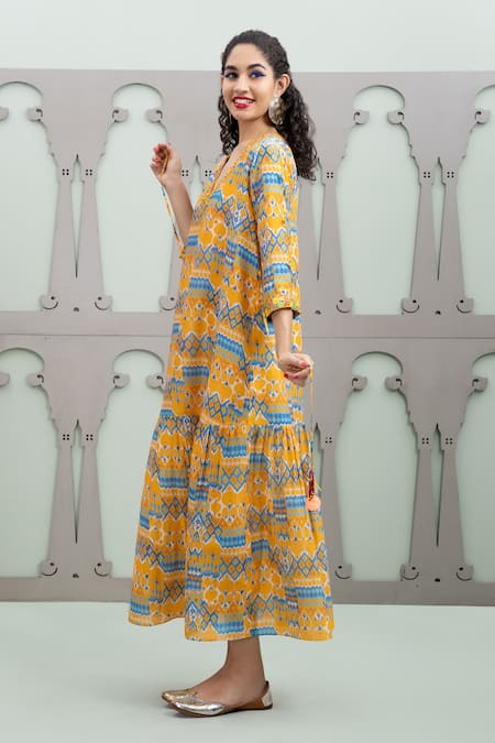 Shop_Lila_Yellow Cotton, Silk Sequins V-neck Gulaab Ikat Pattern Dress _Online_at_Aza_Fashions