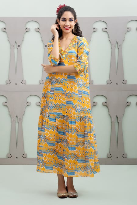 Lila_Yellow Cotton, Silk Sequins V-neck Gulaab Ikat Pattern Dress _at_Aza_Fashions