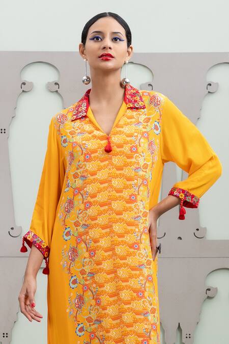 Lila_Yellow Crepe Embroidery, Sequins Shawl Neck Floral Jaal Pattern Dress_Online_at_Aza_Fashions