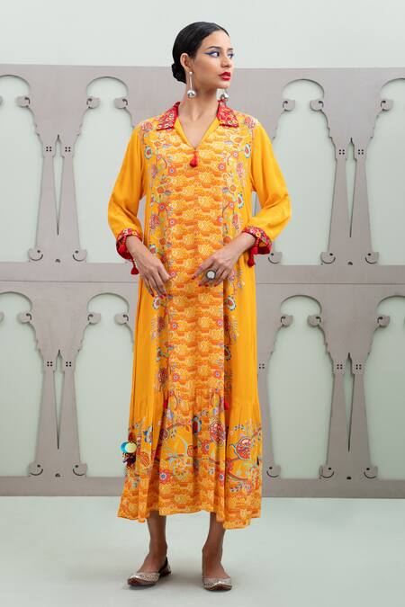 Buy_Lila_Yellow Crepe Embroidery, Sequins Shawl Neck Floral Jaal Pattern Dress_Online_at_Aza_Fashions