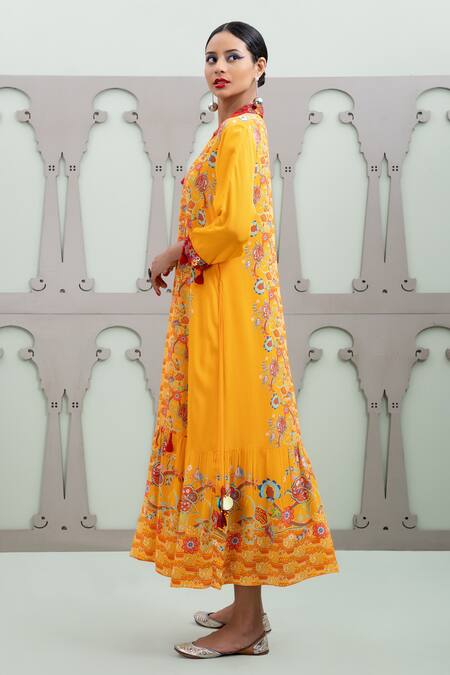 Shop_Lila_Yellow Crepe Embroidery, Sequins Shawl Neck Floral Jaal Pattern Dress_Online_at_Aza_Fashions