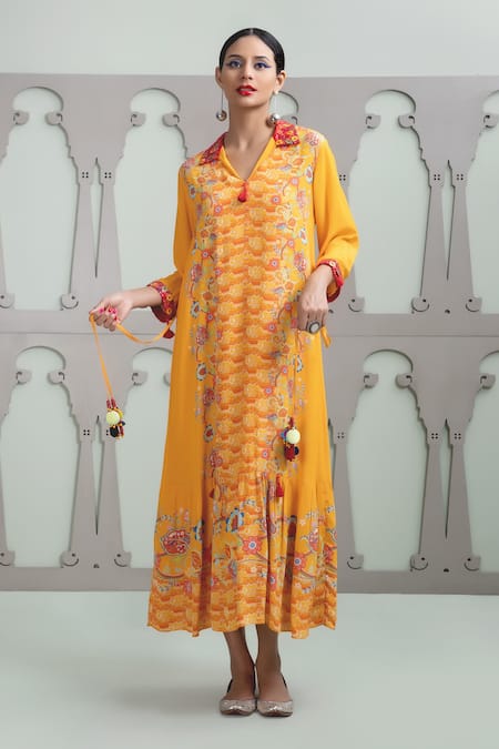 Lila_Yellow Crepe Embroidery, Sequins Shawl Neck Floral Jaal Pattern Dress_at_Aza_Fashions
