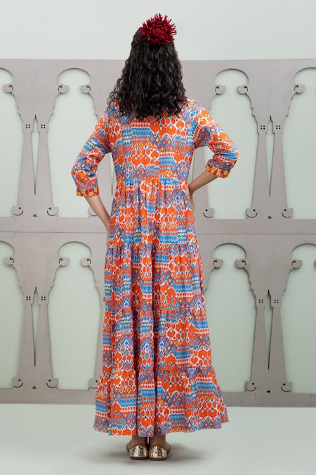 Shop_Lila_Red Cotton, Silk Sequins, Embroidery V-neck Ikat Pattern Flared Dress _at_Aza_Fashions