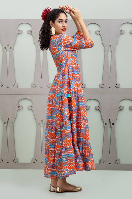 Lila_Red Cotton, Silk Sequins, Embroidery V-neck Ikat Pattern Flared Dress _Online_at_Aza_Fashions