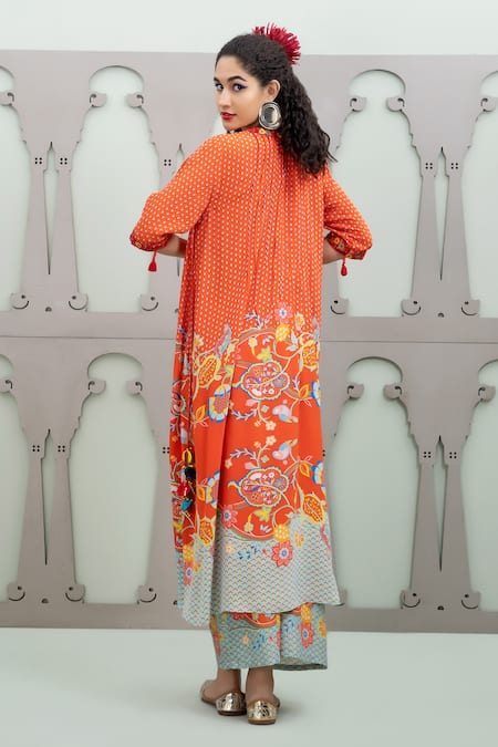 Shop Lila Red Crepe Embroidery, Sequins Round Lalie Floral Garden Pattern Kurta With Pant at Aza Fashions Shop_Lila_Red Crepe Embroidery, Sequins Round Lalie Floral Garden Pattern Kurta With Pant_at_Aza_Fashions