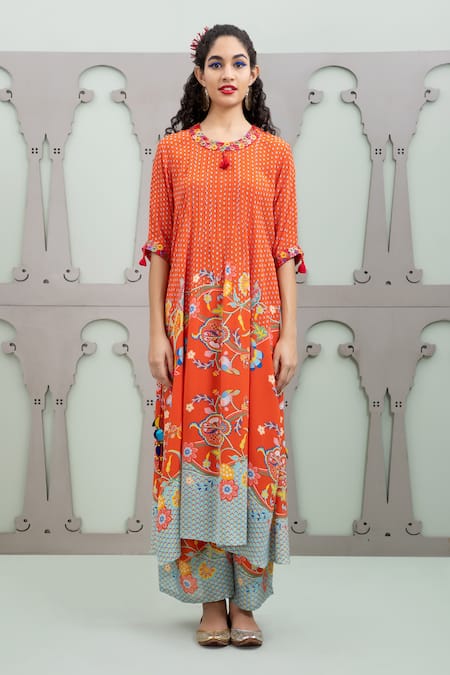 Lila Red Crepe Embroidery, Sequins Round Lalie Floral Garden Pattern Kurta With Pant Online at Aza Fashions Lila_Red Crepe Embroidery, Sequins Round Lalie Floral Garden Pattern Kurta With Pant_Online_at_Aza_Fashions