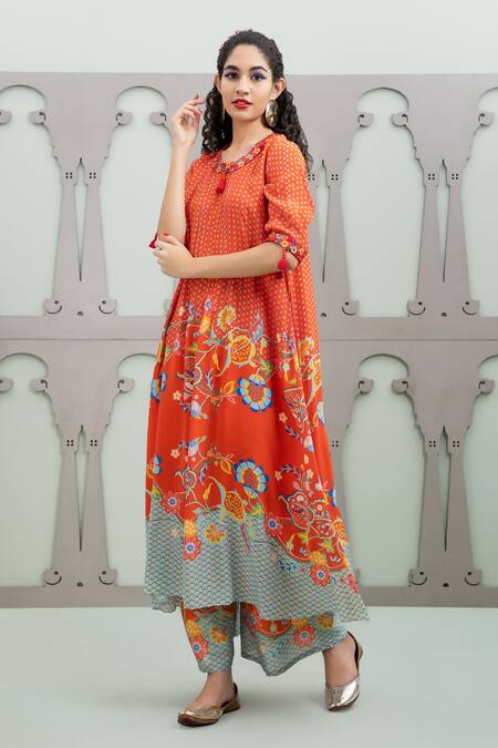 Shop Lila Red Crepe Embroidery, Sequins Round Lalie Floral Garden Pattern Kurta With Pant Online at Aza Fashions Shop_Lila_Red Crepe Embroidery, Sequins Round Lalie Floral Garden Pattern Kurta With Pant_Online_at_Aza_Fashions