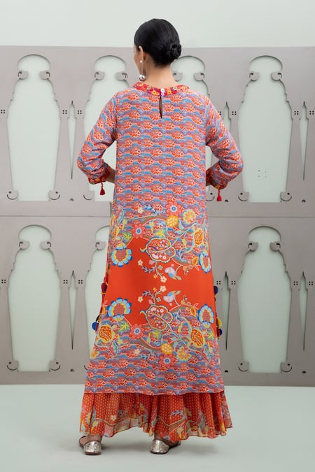 Shop Lila Red Crepe Embroidery, Sequins Round Neck Lalie Botanic Pattern Kurta With Pant at Aza Fashions Shop_Lila_Red Crepe Embroidery, Sequins Round Neck Lalie Botanic Pattern Kurta With Pant_at_Aza_Fashions