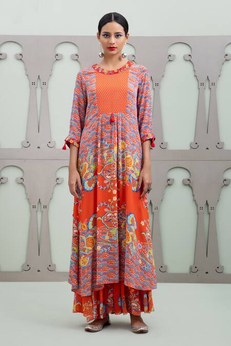 Lila Red Crepe Embroidery, Sequins Round Neck Lalie Botanic Pattern Kurta With Pant Online at Aza Fashions Lila_Red Crepe Embroidery, Sequins Round Neck Lalie Botanic Pattern Kurta With Pant_Online_at_Aza_Fashions