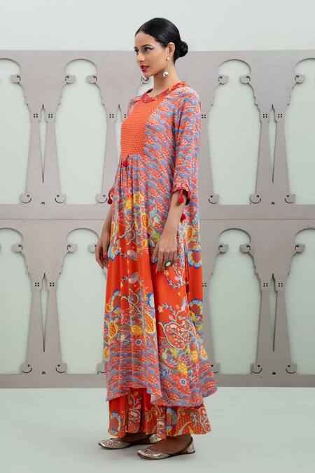 Buy Lila Red Crepe Embroidery, Sequins Round Neck Lalie Botanic Pattern Kurta With Pant Online at Aza Fashions Buy_Lila_Red Crepe Embroidery, Sequins Round Neck Lalie Botanic Pattern Kurta With Pant_Online_at_Aza_Fashions