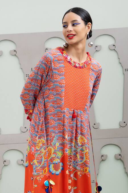 Shop Lila Red Crepe Embroidery, Sequins Round Neck Lalie Botanic Pattern Kurta With Pant Online at Aza Fashions Shop_Lila_Red Crepe Embroidery, Sequins Round Neck Lalie Botanic Pattern Kurta With Pant_Online_at_Aza_Fashions