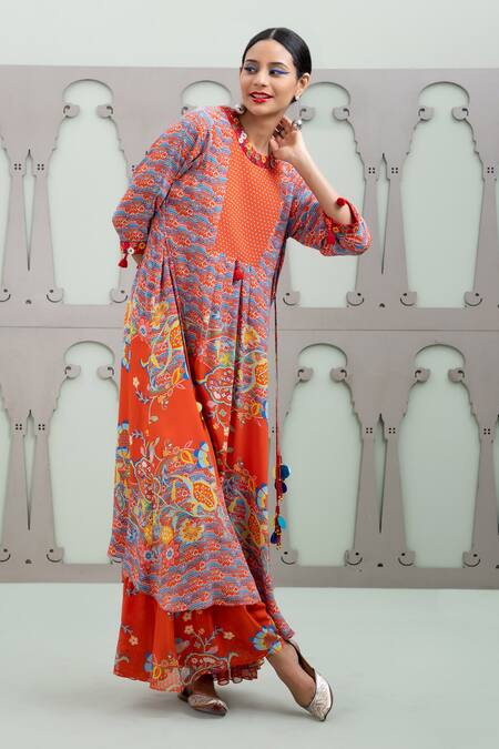 Lila Red Crepe Embroidery, Sequins Round Neck Lalie Botanic Pattern Kurta With Pant at Aza Fashions Lila_Red Crepe Embroidery, Sequins Round Neck Lalie Botanic Pattern Kurta With Pant_at_Aza_Fashions