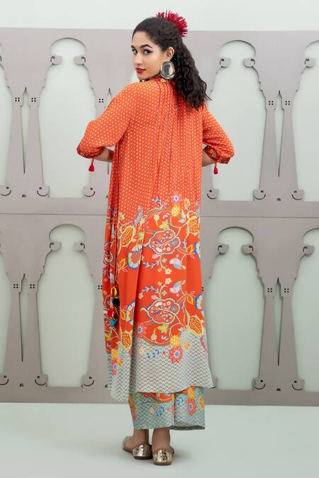 Shop Lila Orange Crepe Sequins, Embroidery Round Neck Lalie Garden Pattern Kurta With Pant at Aza Fashions Shop_Lila_Orange Crepe Sequins, Embroidery Round Neck Lalie Garden Pattern Kurta With Pant_at_Aza_Fashions