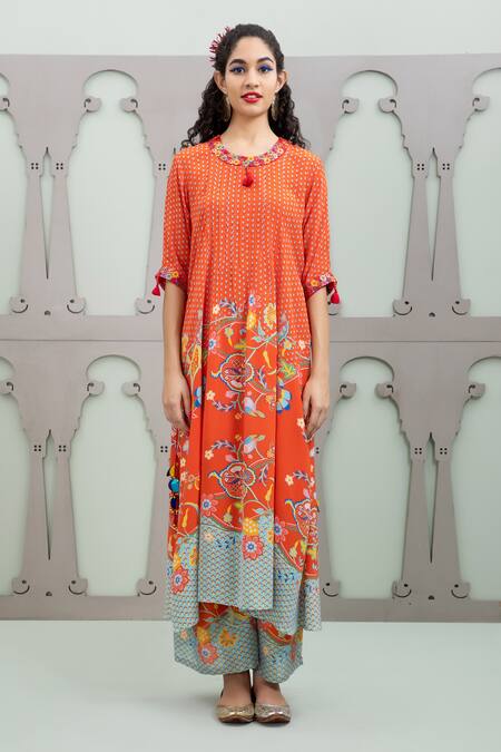 Lila Orange Crepe Sequins, Embroidery Round Neck Lalie Garden Pattern Kurta With Pant Online at Aza Fashions Lila_Orange Crepe Sequins, Embroidery Round Neck Lalie Garden Pattern Kurta With Pant_Online_at_Aza_Fashions