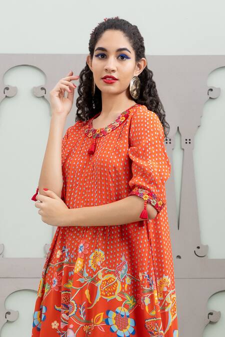 Buy Lila Orange Crepe Sequins, Embroidery Round Neck Lalie Garden Pattern Kurta With Pant Online at Aza Fashions Buy_Lila_Orange Crepe Sequins, Embroidery Round Neck Lalie Garden Pattern Kurta With Pant_Online_at_Aza_Fashions