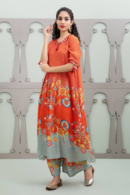 Shop Lila Orange Crepe Sequins, Embroidery Round Neck Lalie Garden Pattern Kurta With Pant Online at Aza Fashions Shop_Lila_Orange Crepe Sequins, Embroidery Round Neck Lalie Garden Pattern Kurta With Pant_Online_at_Aza_Fashions