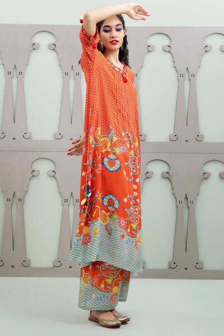 Lila Orange Crepe Sequins, Embroidery Round Neck Lalie Garden Pattern Kurta With Pant at Aza Fashions Lila_Orange Crepe Sequins, Embroidery Round Neck Lalie Garden Pattern Kurta With Pant_at_Aza_Fashions