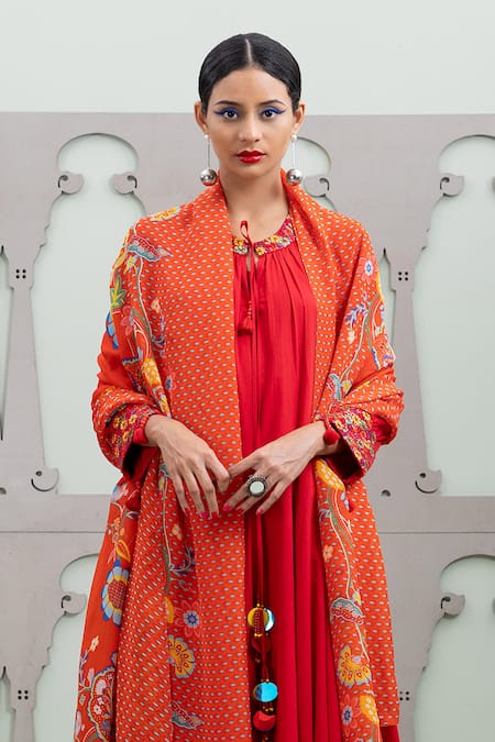 Lila_Red Cotton, Crepe Embroidery, Lalie Solid Anarkali Set With Floral Pattern Pant_Online_at_Aza_Fashions