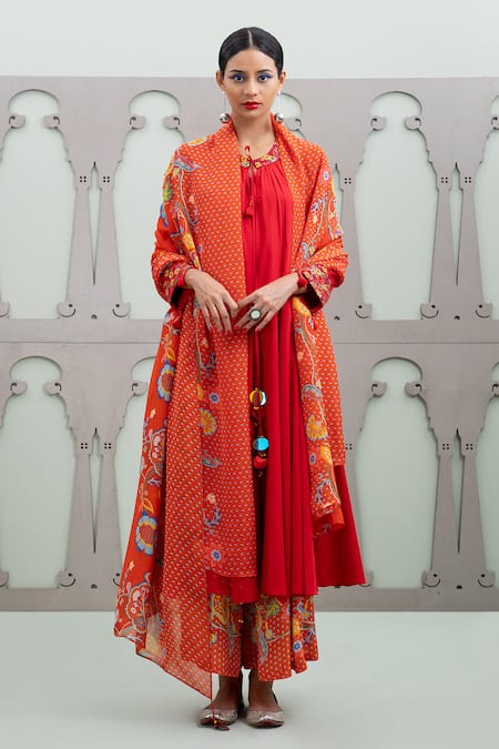 Buy_Lila_Red Cotton, Crepe Embroidery, Lalie Solid Anarkali Set With Floral Pattern Pant_Online_at_Aza_Fashions