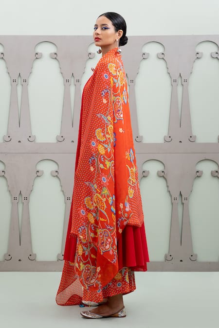 Shop_Lila_Red Cotton, Crepe Embroidery, Lalie Solid Anarkali Set With Floral Pattern Pant_Online_at_Aza_Fashions