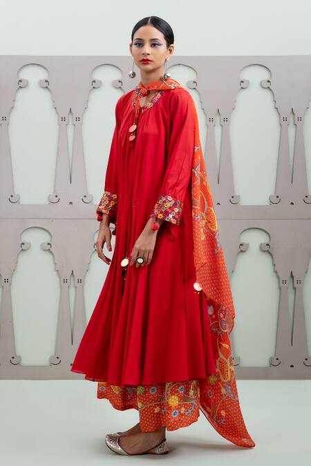 Lila_Red Cotton, Crepe Embroidery, Lalie Solid Anarkali Set With Floral Pattern Pant_at_Aza_Fashions