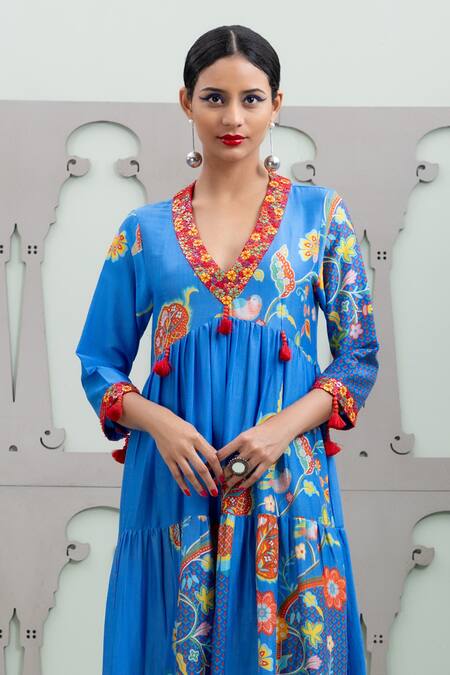 Lila_Blue Cotton, Silk Sequins, Embroidery V-neck Blossom Pattern Tiered Dress_Online_at_Aza_Fashions
