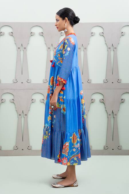 Buy_Lila_Blue Cotton, Silk Sequins, Embroidery V-neck Blossom Pattern Tiered Dress_Online_at_Aza_Fashions