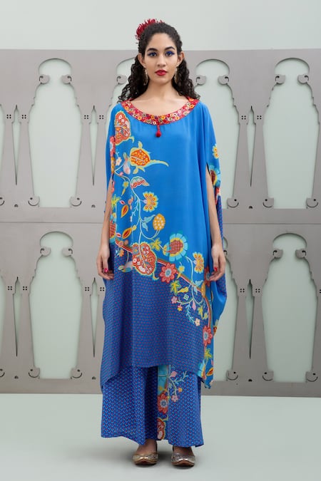 Lila_Blue Crepe Embroidery, Sequins Floral Blossom Pattern Flared Kurta With Pant_Online_at_Aza_Fashions