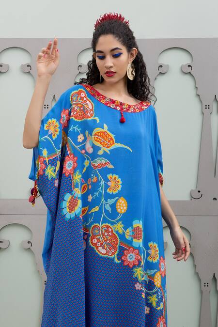 Buy_Lila_Blue Crepe Embroidery, Sequins Floral Blossom Pattern Flared Kurta With Pant_Online_at_Aza_Fashions