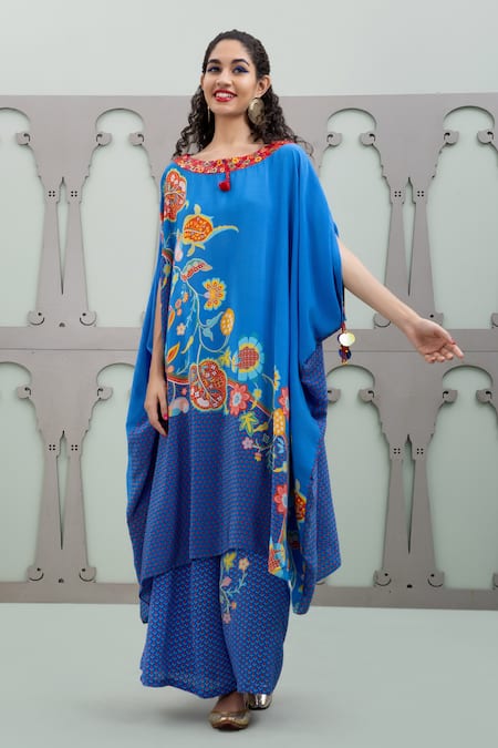 Shop_Lila_Blue Crepe Embroidery, Sequins Floral Blossom Pattern Flared Kurta With Pant_Online_at_Aza_Fashions