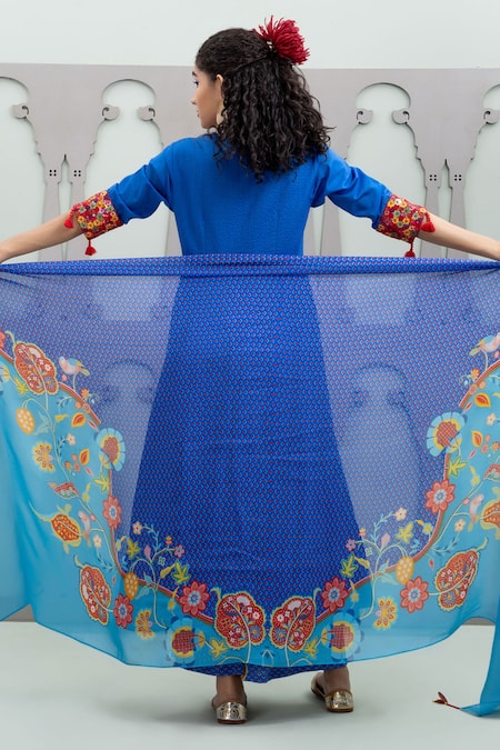 Shop Lila Blue Cotton, Crepe, Chiffon Tiered Anarkali Set With Floral Pattern Dupatta at Aza Fashions Shop_Lila_Blue Cotton, Crepe, Chiffon Tiered Anarkali Set With Floral Pattern Dupatta_at_Aza_Fashions