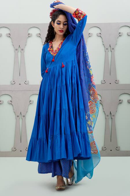 Lila Blue Cotton, Crepe, Chiffon Tiered Anarkali Set With Floral Pattern Dupatta Online at Aza Fashions Lila_Blue Cotton, Crepe, Chiffon Tiered Anarkali Set With Floral Pattern Dupatta_Online_at_Aza_Fashions