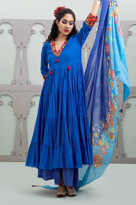 Shop Lila Blue Cotton, Crepe, Chiffon Tiered Anarkali Set With Floral Pattern Dupatta Online at Aza Fashions Shop_Lila_Blue Cotton, Crepe, Chiffon Tiered Anarkali Set With Floral Pattern Dupatta_Online_at_Aza_Fashions
