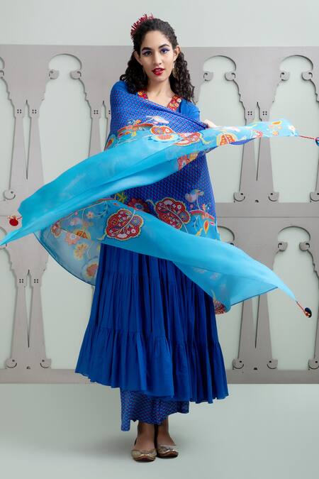 Lila Blue Cotton, Crepe, Chiffon Tiered Anarkali Set With Floral Pattern Dupatta at Aza Fashions Lila_Blue Cotton, Crepe, Chiffon Tiered Anarkali Set With Floral Pattern Dupatta_at_Aza_Fashions