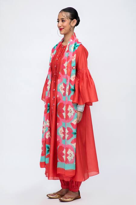 Buy_Lila_Red Cotton, Silk Mirrors, Meenakshi Solid Anarkali Set With Blossom Pattern Pant_Online_at_Aza_Fashions