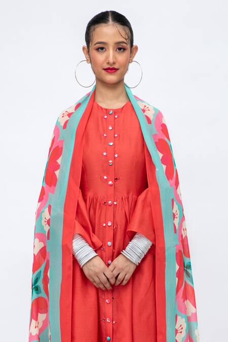 Shop_Lila_Red Cotton, Silk Mirrors, Meenakshi Solid Anarkali Set With Blossom Pattern Pant_Online_at_Aza_Fashions