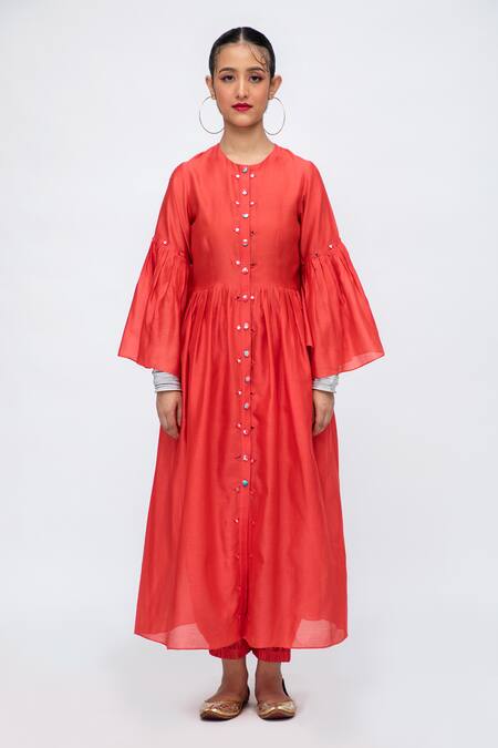 Lila_Red Cotton, Silk Mirrors, Meenakshi Solid Anarkali Set With Blossom Pattern Pant_at_Aza_Fashions