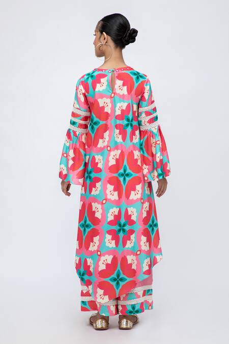 Shop Lila Red Cotton, Silk Lace Round Neck Sheena Blossom Print Kurta With Pant at Aza Fashions Shop_Lila_Red Cotton, Silk Lace Round Neck Sheena Blossom Print Kurta With Pant_at_Aza_Fashions