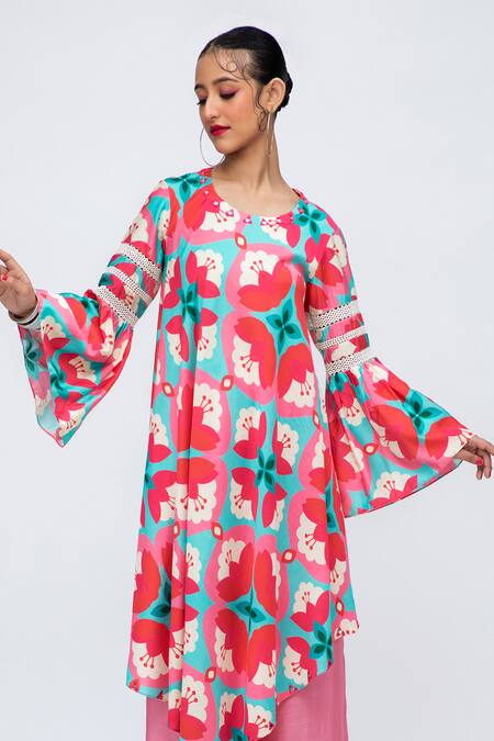 Lila Red Cotton, Silk Lace Round Neck Sheena Blossom Print Kurta With Pant Online at Aza Fashions Lila_Red Cotton, Silk Lace Round Neck Sheena Blossom Print Kurta With Pant_Online_at_Aza_Fashions