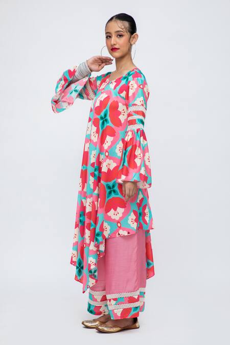 Buy Lila Red Cotton, Silk Lace Round Neck Sheena Blossom Print Kurta With Pant Online at Aza Fashions Buy_Lila_Red Cotton, Silk Lace Round Neck Sheena Blossom Print Kurta With Pant_Online_at_Aza_Fashions