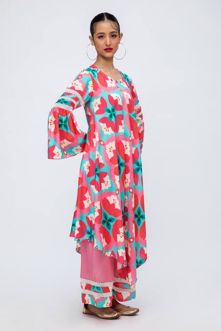 Shop Lila Red Cotton, Silk Lace Round Neck Sheena Blossom Print Kurta With Pant Online at Aza Fashions Shop_Lila_Red Cotton, Silk Lace Round Neck Sheena Blossom Print Kurta With Pant_Online_at_Aza_Fashions